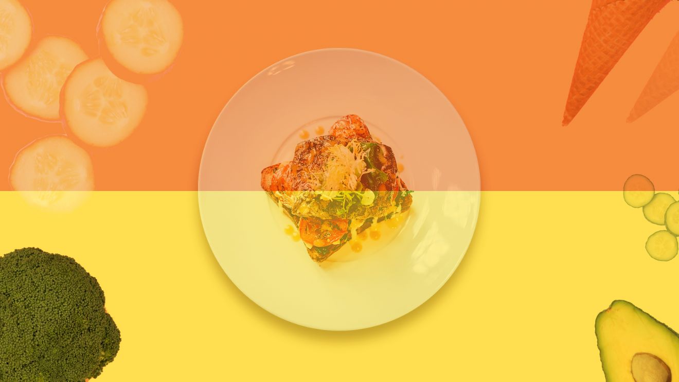 Picture of Tomato & Avocado Toast with horizontal two-tone colour overlay in orange and yellow