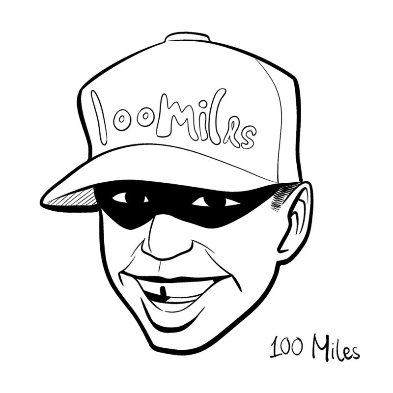 A smiling man with a forward-facing baseball cap on with the phrase 100 Miles on it.