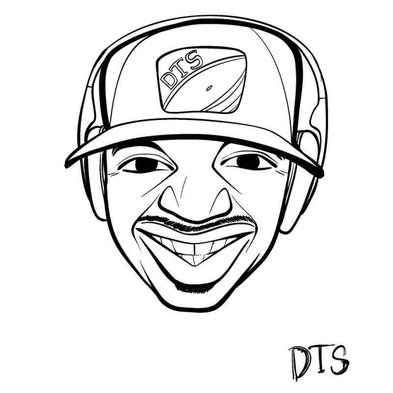 A smiling man with a small goatee, a front-facing baseball cap with the letters DTS on it, and large headphones over his ears.