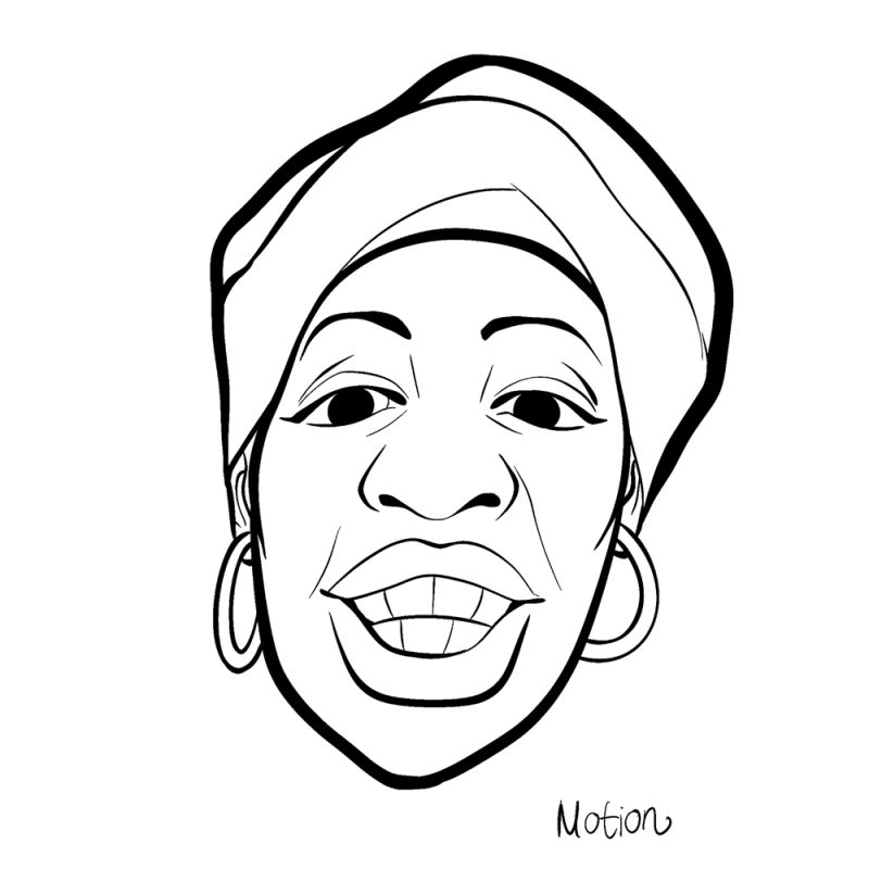 A smiling woman (with teeth showing), large hoop earrings, and a head wrap on her head.