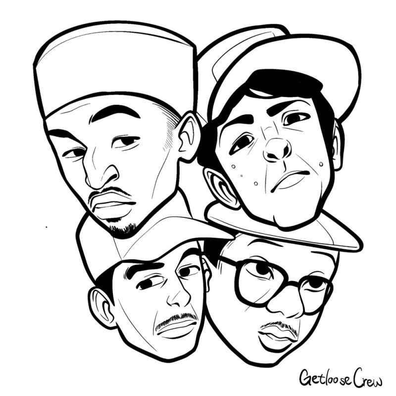 A group of four men, two of whom are wearing baseball caps, a third of whom is wearing gazelle-like Hip Hop glasses and a duckbill hat, and the fourth of whom is wearing a hat that looks like a fez.