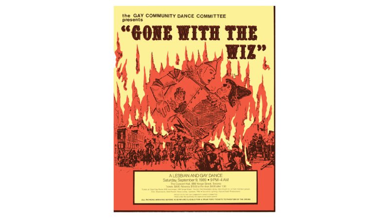 An orange and yellow poster featuring the Tin Man and
Scarecrow from The Wizard of Oz alongside text promoting a dance entitled Gone With the Wiz on September 9, 1989 at The Concert Hall in Toronto.