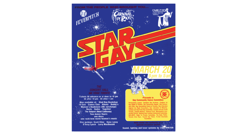 A dark blue poster with images from the film series
Star Wars alongside text promoting a dance entitled
Star Gays on March 20, 1982
at The Concert Hall in Toronto.