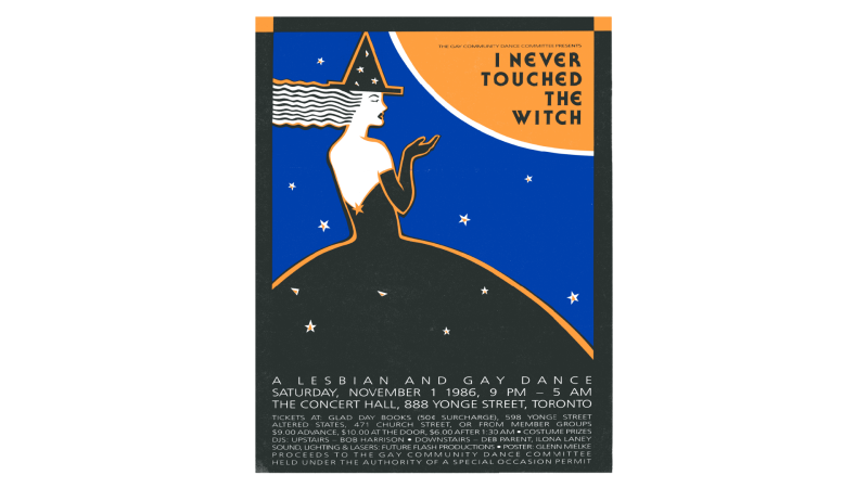 A black, blue, and orange poster featuring a large image of a witch and text promoting a dance entitled I Never Touched the Witch on November 1, 1986 at The Concert Hall in Toronto.