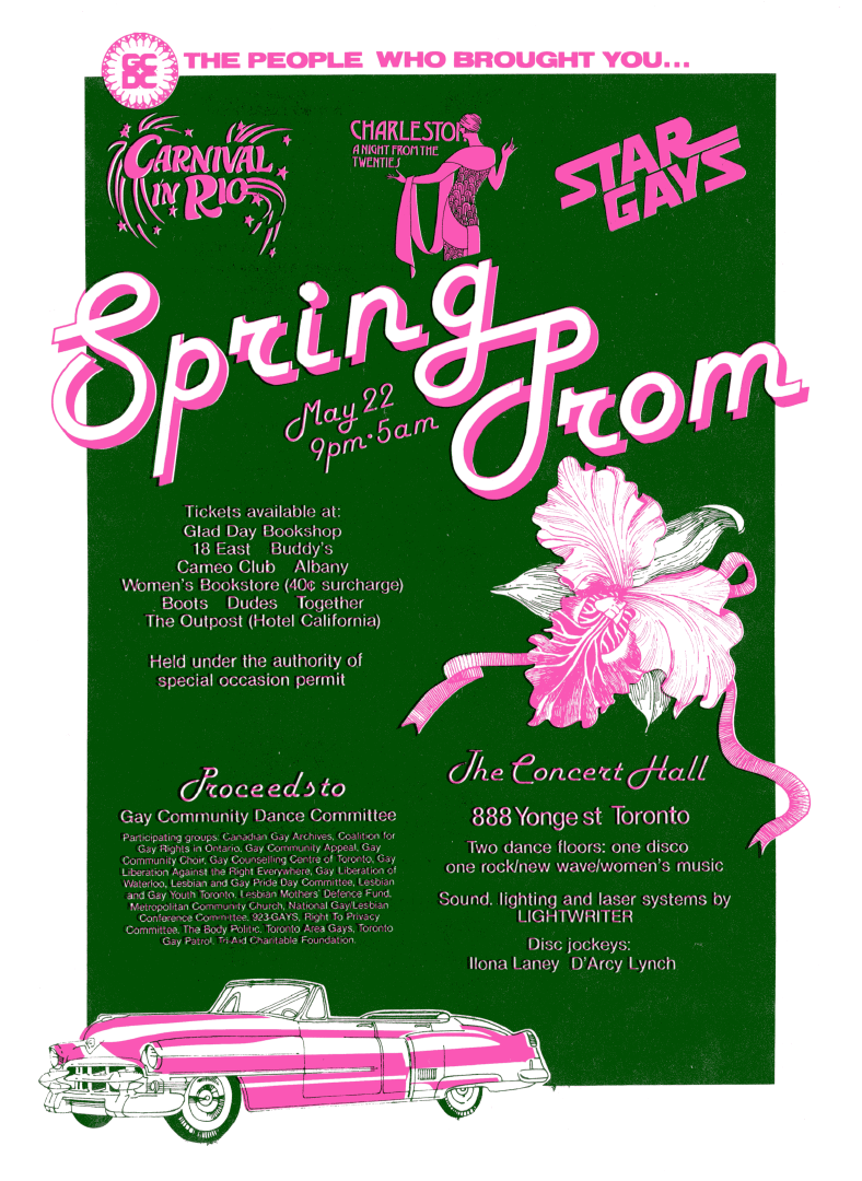 A dark green poster with an
image of a white and pink corvette alongside text promoting a dance entitled
Spring Prom on May 22, 1982
at The Concert Hall in Toronto.