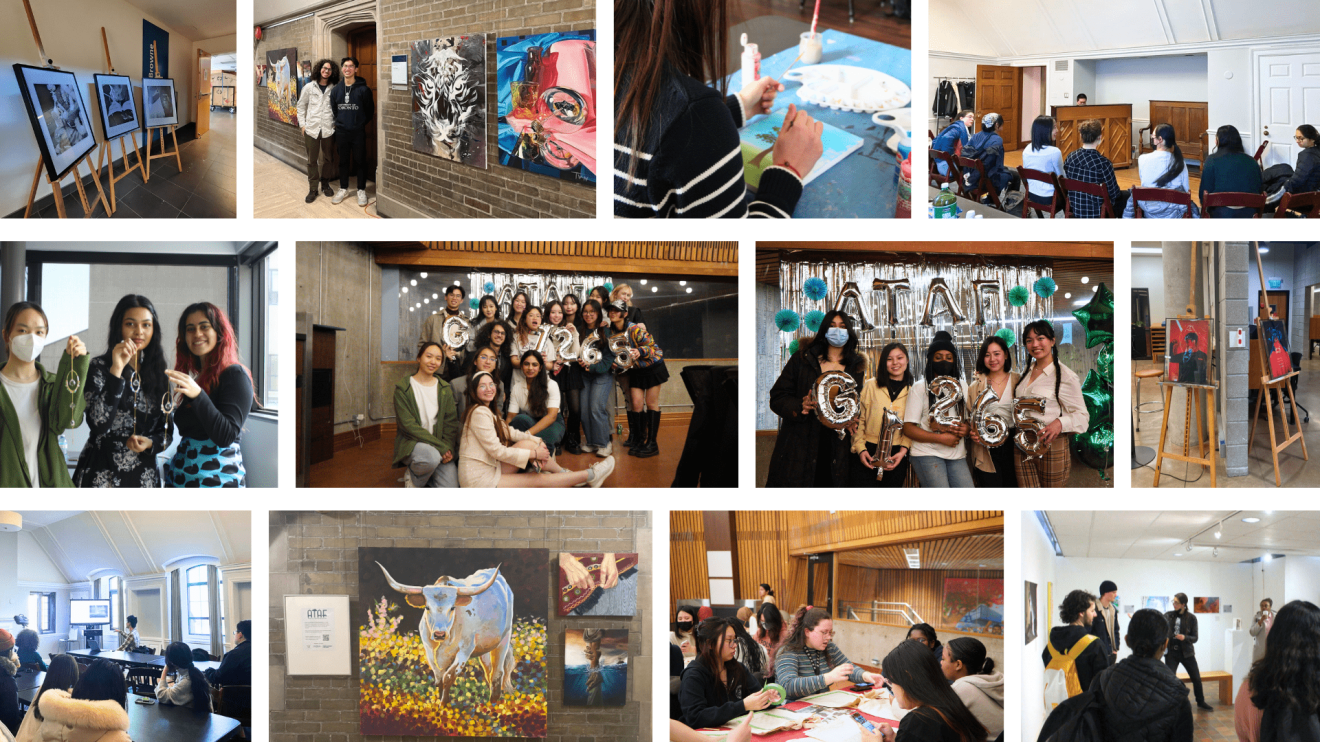 A collage of photos showing art exhibitions, workshops and opening reception at Acorn Tri-Campus Art Festival 2023