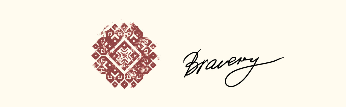A tan field with a red seal on it, with the word Bravery next to it in script font.