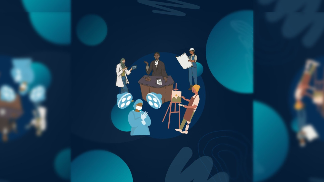 A stylized illustration of a diverse group of professionals performing various jobs.