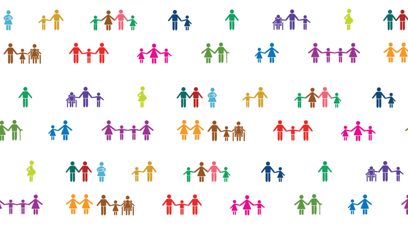 A colourful inclusive design of simplified human figures representing diverse family structures. 