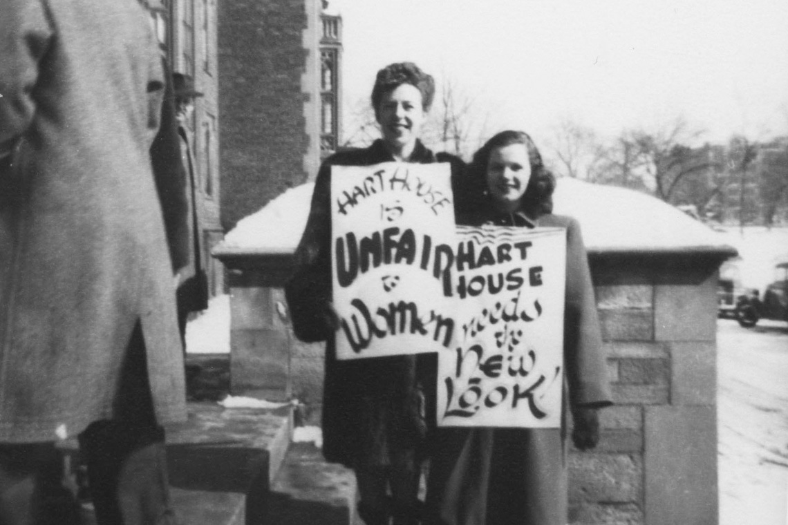 Photograph from 1950 of women protesting their lack of inclusion at Hart House.