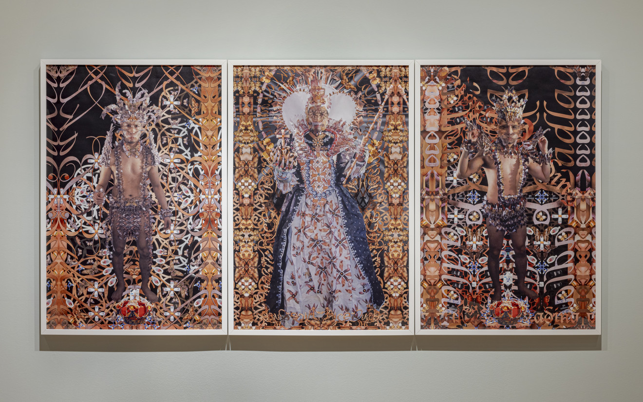 A triptych of hyper-detailed images of complex fractal humanoid figures, people, in the image of religious icons.