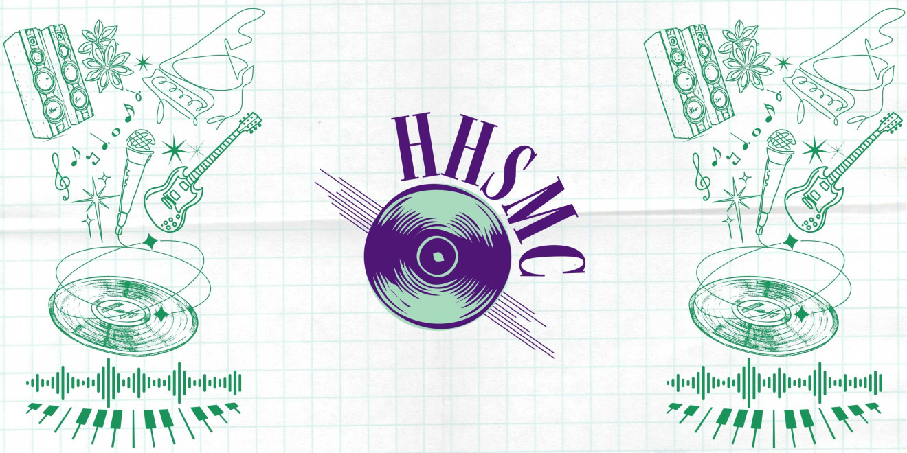 Illustration of the Hart House Student Music Club logo, a spinning vinyl record, and other illustrations of musical instruments on graph paper.