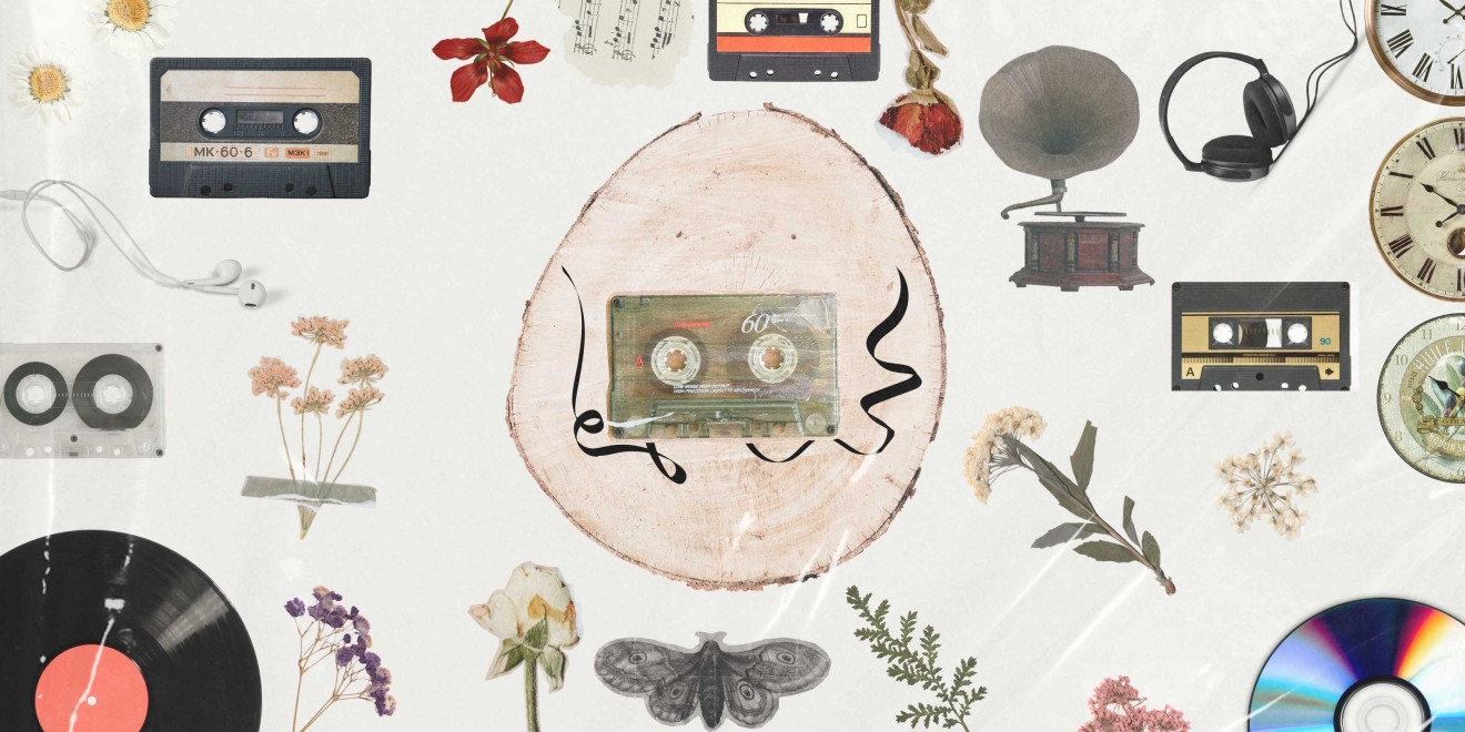 Illustration of cassette tapes, CDs, vinyl records, and other musical formats.