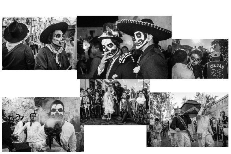 A set of photographs of parades of people dressed as the dead or demons, brass band and brass drums, fireworks and smoke flare, part of Dia de los Muertos in Oaxaca. 