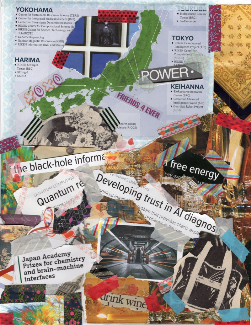A dynamic and layered collage that features a map of Japan, colourful fabrics, wine glasses; and text that refers to AI, power, black holes, free energy, quantum physics, and technology.