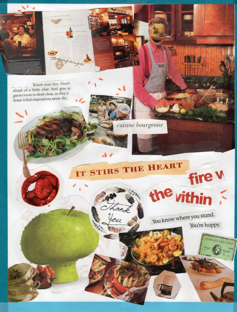 A collage of luxurious-looking foods. On the top of the page, a faceless man stands beside a kitchen counter full of ingredients, and a row of chefs plate food together. 