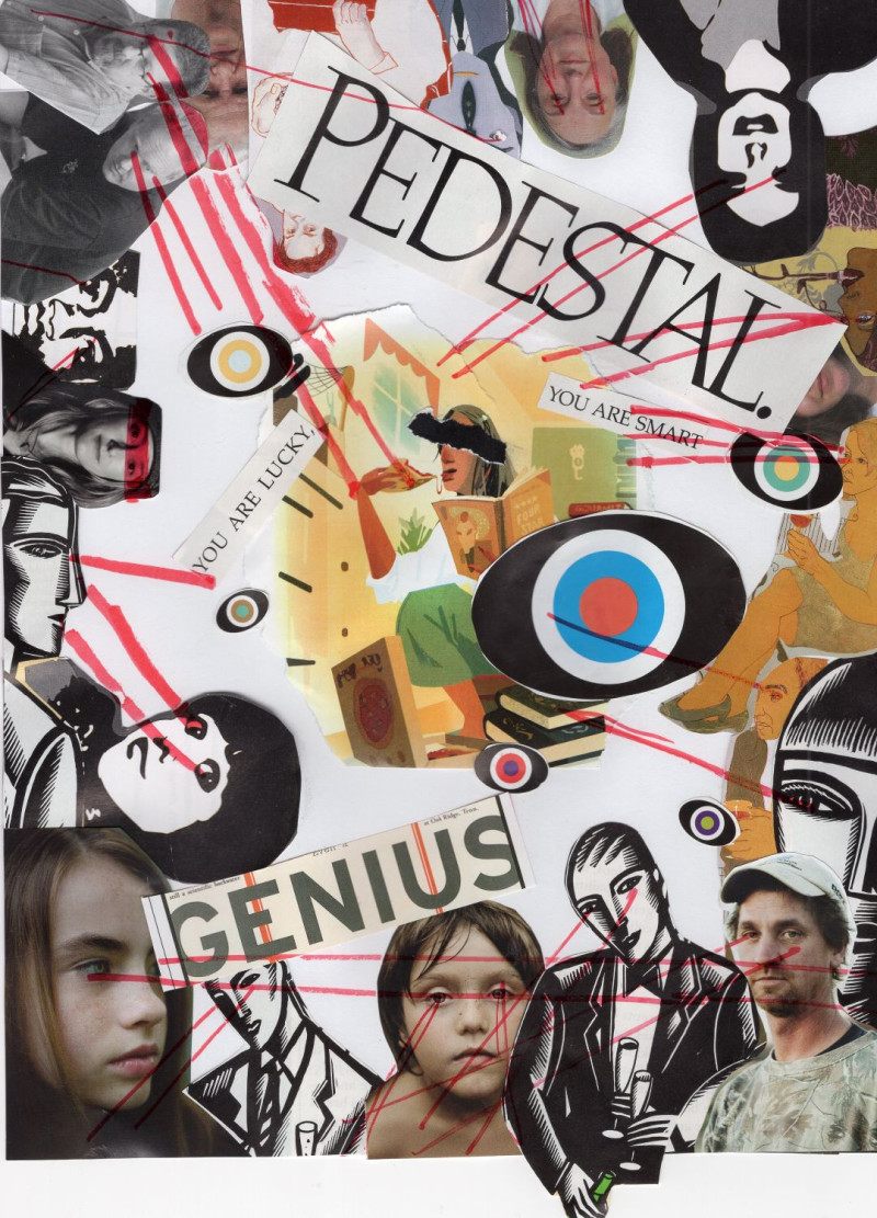 In the centre of the image, a racialized girl is holding a book with the words 