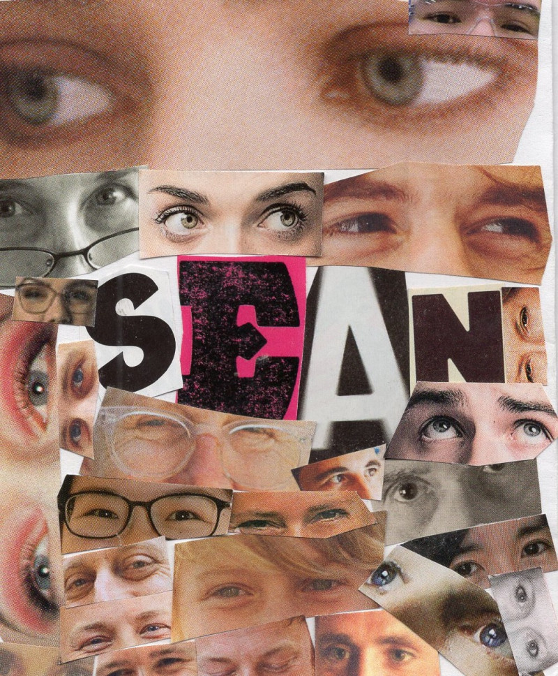 The artist, Sean, has cut out his name in the centre of the piece. Surrounding this are dozens of cut-out eyes belonging to people of various races, but mostly white adults.