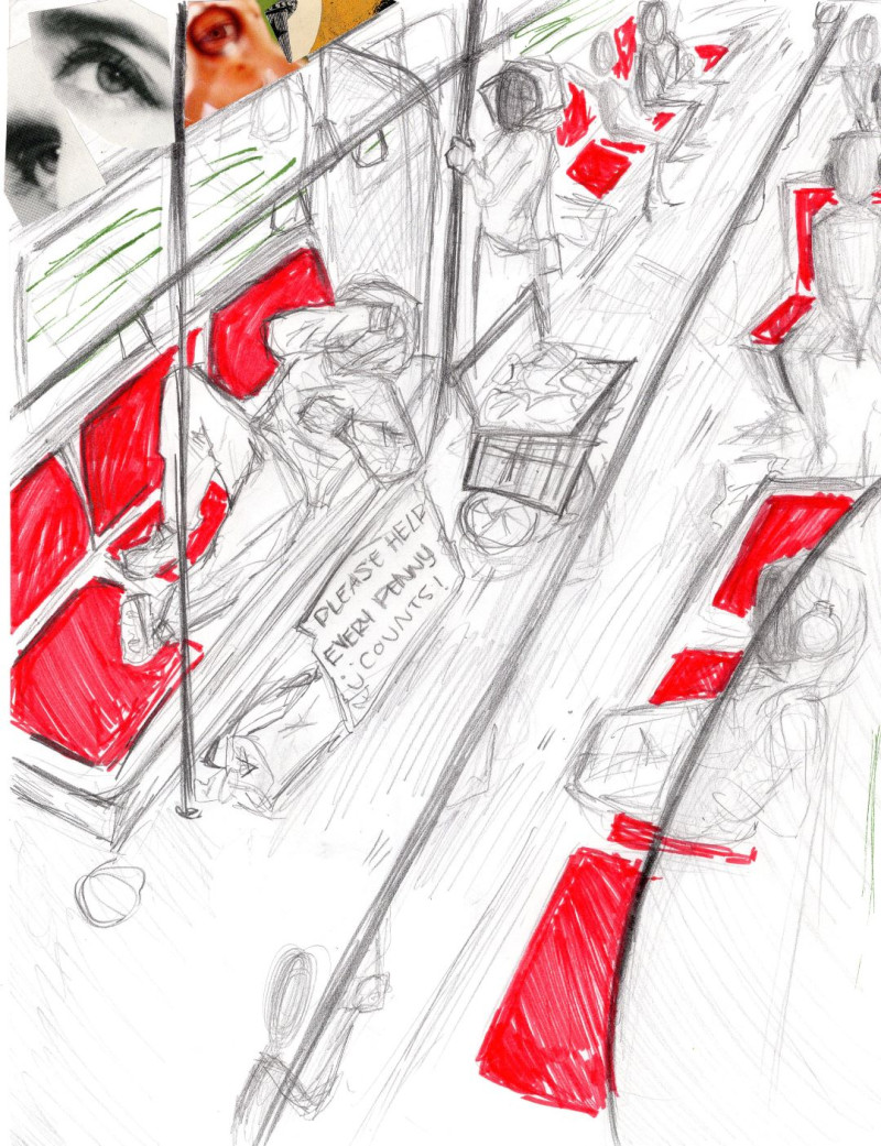 A hand-drawn sketch of an individual sleeping on the TTC with a sign that reads “Please help, every penny counts!” The subway ads are cut-out images of eyes, highlighting a quiet judgement of the homeless.