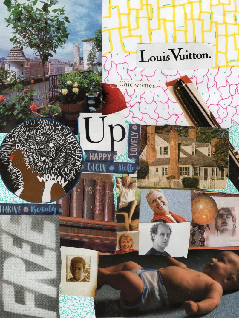 Photos of people, houses, and books decorate the piece. Scattered text reads: “Up”, “Louis Vuitton”, and “Chic women”. On the side is an illustration of a woman with an afro made of empowering words. 