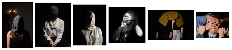 A series of portraits of one or two people with their heads covered by various objects and faces blocked by human hands. 