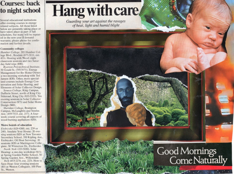 On the corners of the piece, a news article talks about night school, another says “Good mornings come naturally”, and a third features a stressed out baby.