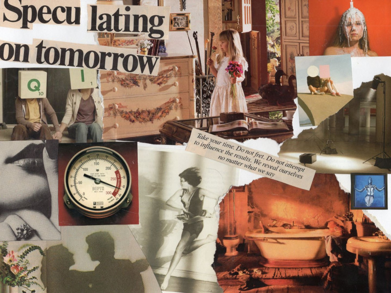 A neat collage of warm-toned and antiquated images that seem to depict a longing for the past. Scattered text reads “Speculating on tomorrow”, “take your time”, and “do not fret”.