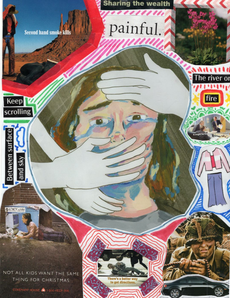 In the centre is an illustration of a teen crying as strangers’ hands cover their face. Grim images of violence juxtapose colourful images of flowers and clothes, decorating the edge of the page.  