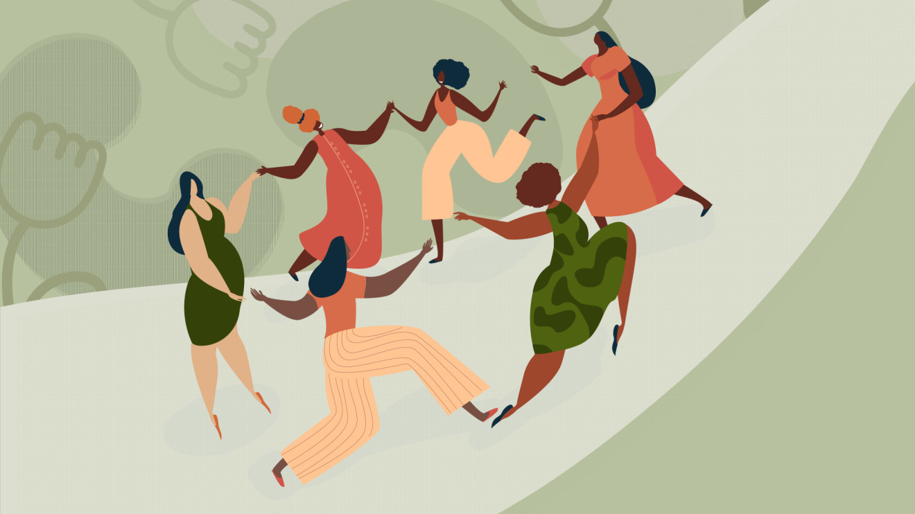 A diverse circle of dancing women, illustrated in flowing shapes.