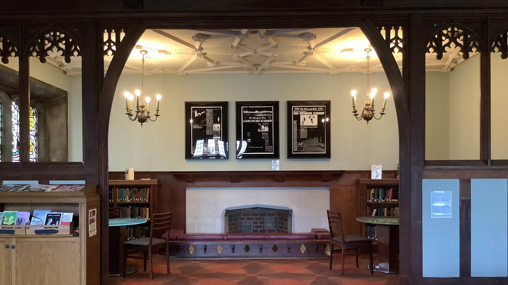 Photo of the Hart House Library fireplace alcove