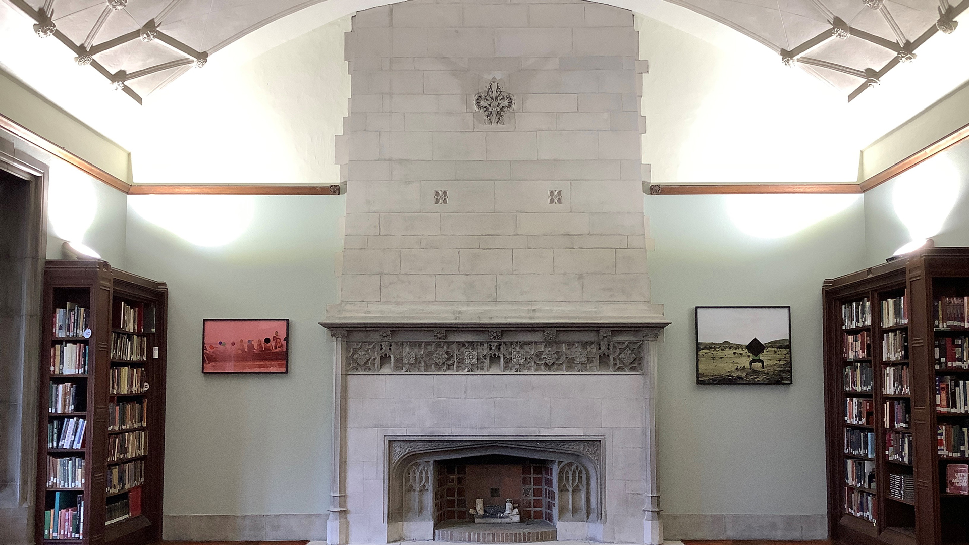 Photo of the Hart House Library fireplace.